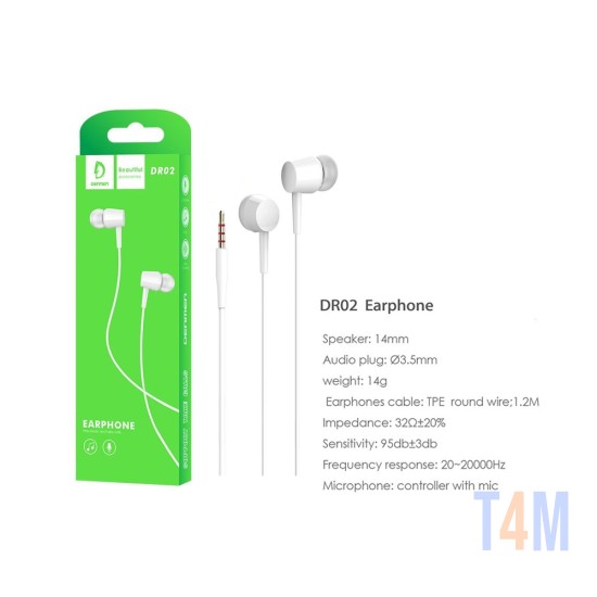 FONES DE OUVIDO DE CONTROLE DE FIO DENMAN DR02 3.5MM BRANCO